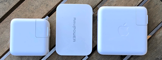 From left to right: Apple 30W USB-C charger, RAVPower 45W USB-C charger, Apple 61W USB-C charger
